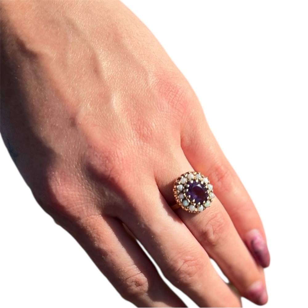 Vintage Amethyst and Seed Opal 10k Gold Ring Size 5.5/6 Estate Hallmarked - Picture 11 of 16